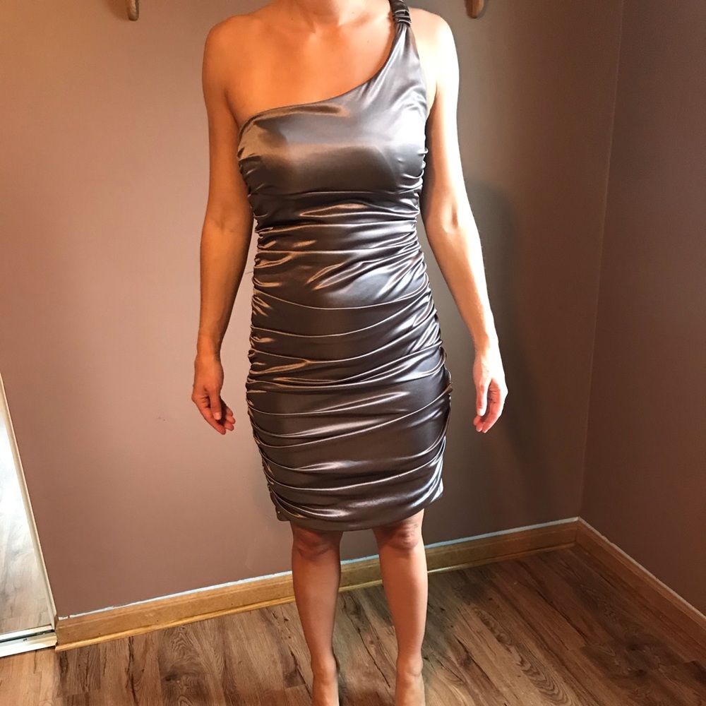 Pewter one shoulder formal dress